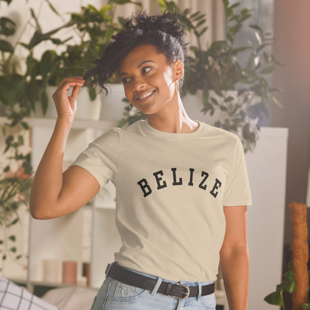 Belize Varsity Unisex T-Shirt — Classic Arch Minimalist Design