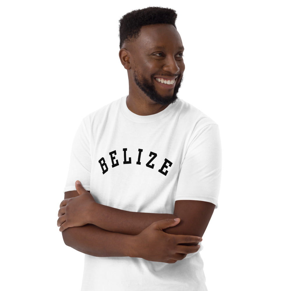 Belize Varsity Unisex T-Shirt — Classic Arch Minimalist Design