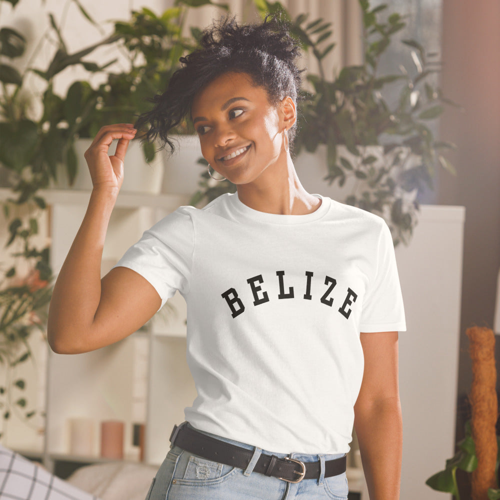 Belize Varsity Unisex T-Shirt — Classic Arch Minimalist Design